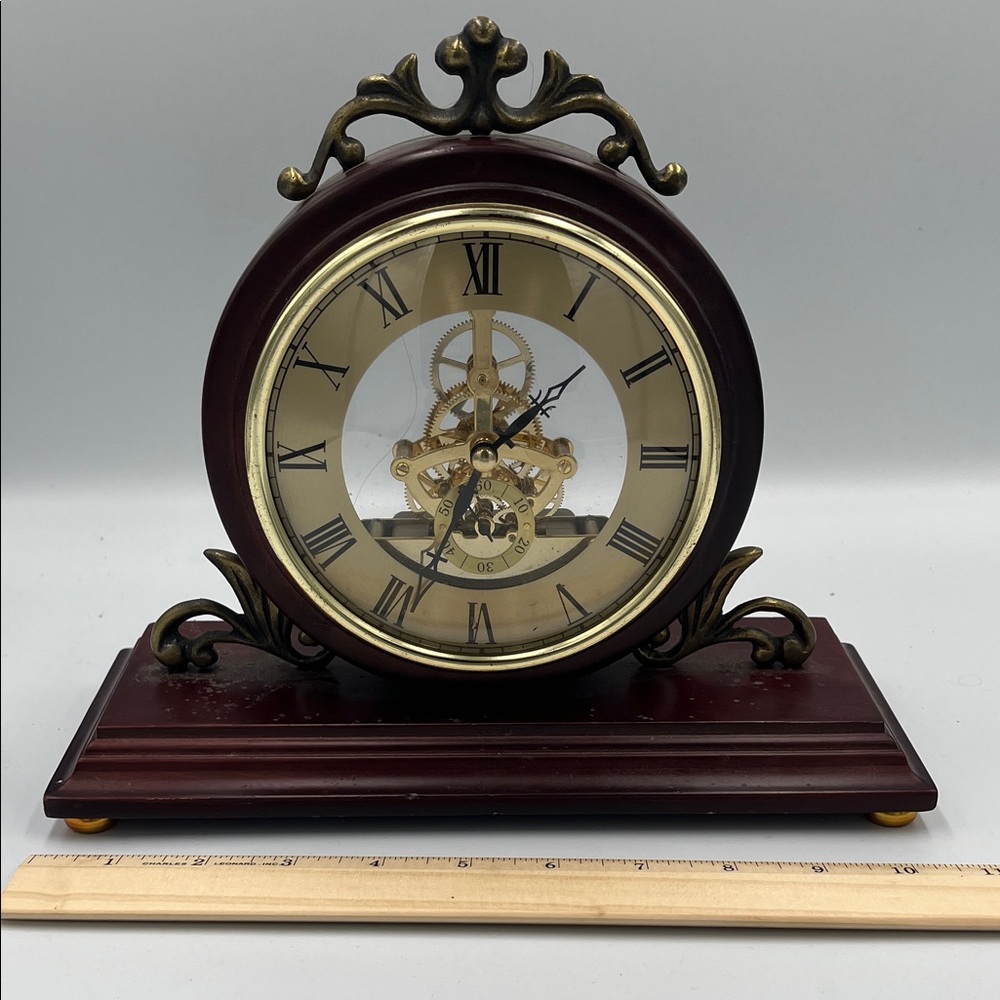 Elegant Brass Skeleton Mantel Clock in Dark Cherry